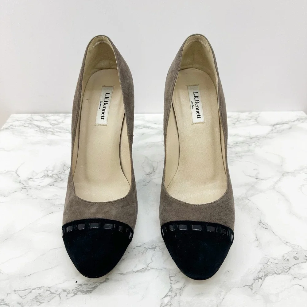 L.K. Bennett Suede Cap Toe Pumps Women EU 39/US 9 Taupe‎ Black Heels Spain